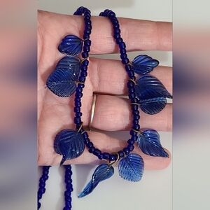 OLD Vintage blue leaves leaf Czech pressed molded glass necklace beaded cobalt
